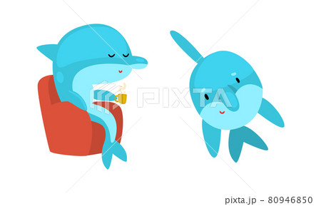 Blue Dolphin Character Floating and Drinking Tea in Armchair Vector Set Blue Dolphin Character Floating and Drinking Tea in Armchair Vector Set 80946850