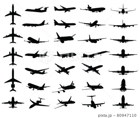 Black silhouettes of different aircrafts on a white background	 80947110