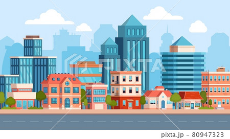 Flat city street landscape with skyscraper and apartment building. Town real estate, houses and road. Cityscape scene. Urban vector panorama 80947323