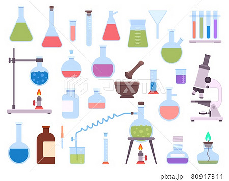 Flat chemistry laboratory glassware equipment for science experiment. Medical lab beaker, test tube, microscope, burner and flask vector set 80947344