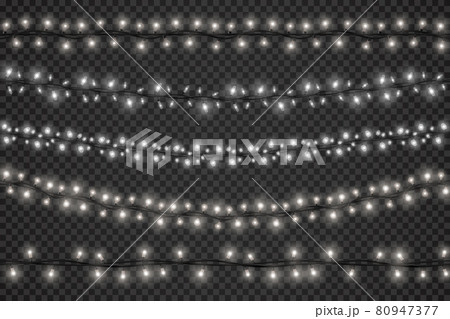 Realistic light garlands with led bulbs for festive christmas decoration. White glowing xmas or happy new year string with lamps vector set 80947377