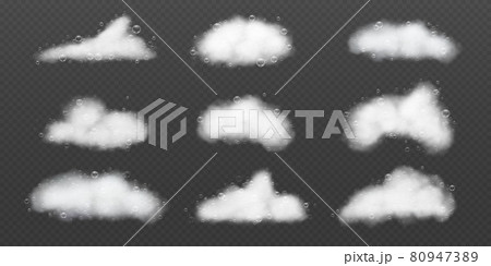 Soap foam with bubbles. Realistic shampoo white suds. Bath and shower lather clouds. Laundry detergent 3d washing foam textures vector set 80947389