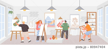 Workshop classroom with artists painting art work on easels. Painters man and woman. Creative draw courses studio, paint class vector poster 80947404