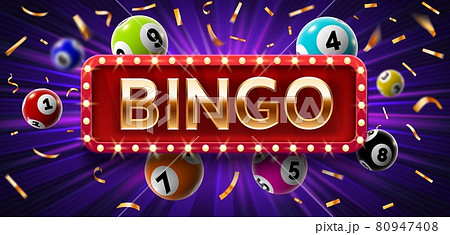 Winner poster with lottery balls with numbers, confetti and golden bingo. Realistic lotto game big win background. Gambling vector concept 80947408