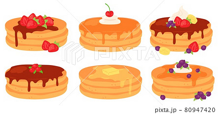 Cartoon breakfast pancake stacks with maple syrup and berry toppings. Tasty pancakes with butter, chocolate, cream and strawberry vector set 80947420