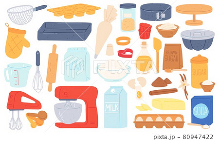 Flat baking ingredient, kitchen utensil and food product. Mixer, rolling pin, brown sugar flour and butter. Cooking pastry recipe vector set 80947422