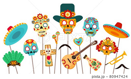 Dead of day photo booth. Skull masks, sombrero and props for Dia de los Muertos party. Mexican halloween holiday decorations flat vector set 80947424