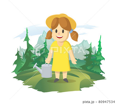 A happy girl with a watering can on the background of a mountain landscape. Female farmer working in the field, vector illustration. A happy girl with a watering can on the background of a mountain landscape. Female farmer working in the field, vector illustration. 80947534