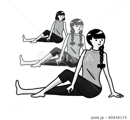 体を捻るストレッチをしているヨガ中の若い女性三名モノクロのイラスト素材