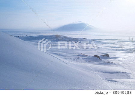 Winter arctic landscape with snow covered tundra and hills 80949288