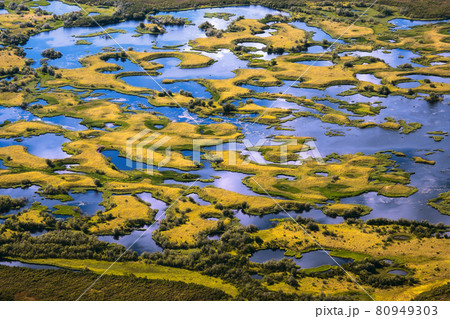 Top view of the oxbow lake and many small islands. Chukotka, Russia. Top view of the oxbow lake and many small islands. Chukotka, Russia. 80949303