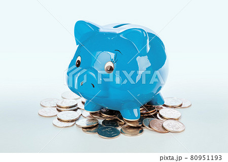 Pink piggy bank and coins isolated on white Pink piggy bank and coins isolated on white 80951193