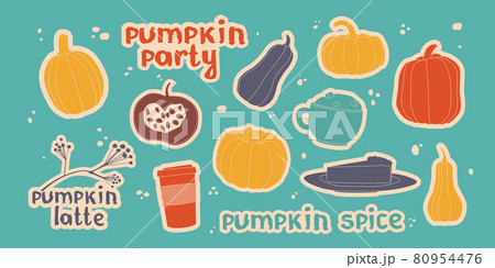 Set of autumn stickers with pumpkins, coffee and pie. Pumpkin latte, lettering, cute illustration. 80954476