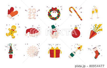Vector multicolor icons Christmas and New Year concept - gift, snowman, wreath, snowflake, champagne, gingerbread man, Christmas tree, Christmas candy, 2022 80954477