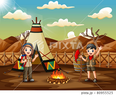 Happy scout boy and girl at camp site illustration Happy scout boy and girl at camp site illustration 80955525