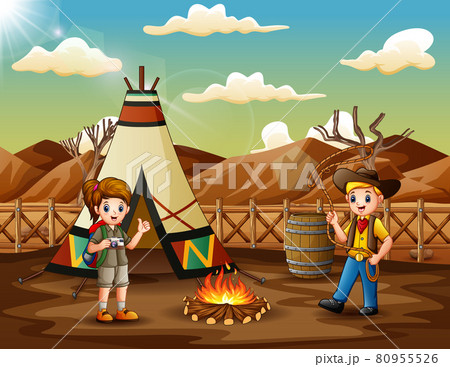 Cartoon the explorer boy and girl camping out... - Stock Illustration  [80955526] - PIXTA