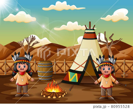 Two american indians cartoon with teepees in... - Stock Illustration  [80955528] - PIXTA