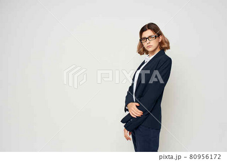 emotional business woman gesture with hands official light background 80956172
