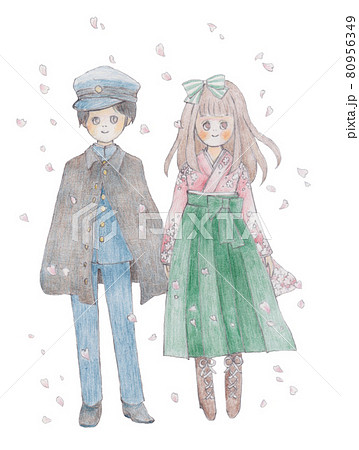 手描きイラスト 袴姿の女の子と学ランの男の子のイラスト素材