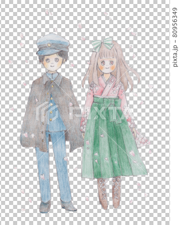 手描きイラスト、袴姿の女の子と学ランの男の子 手描きイラスト、袴姿の女の子と学ランの男の子 80956349
