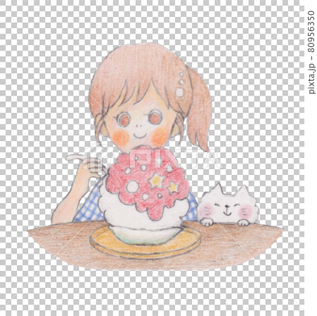 手描きイラスト かき氷を食べる女の子と猫のイラスト素材