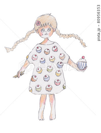 手描きイラスト ご飯柄服を着た女の子のイラスト素材