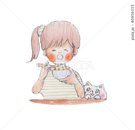 手描きイラスト トウモロコシご飯を食べる女の子と猫のイラスト素材