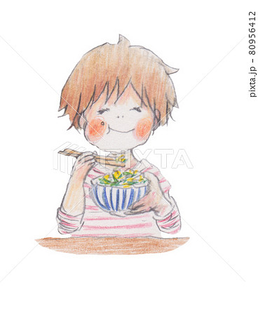 手描きイラスト ニラ玉丼を食べる人のイラスト素材