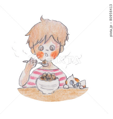 手描きイラスト 麻婆豆腐丼を食べる男の子と猫のイラスト素材