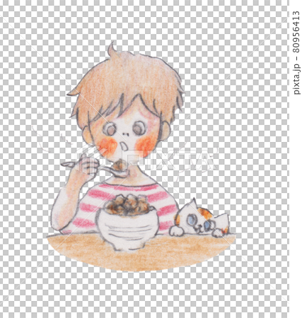 Hand-drawn illustration, boy and cat eating mapo tofu bowl 80956413