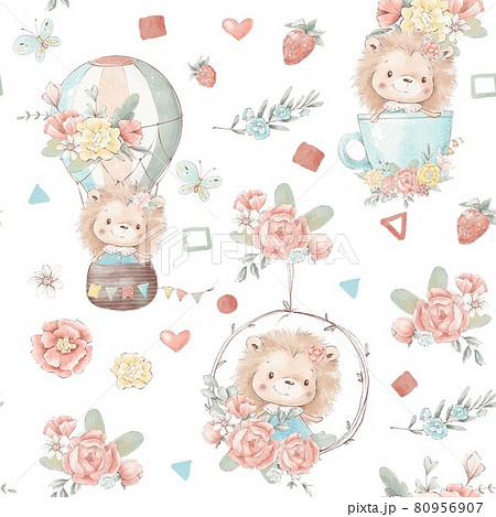 Seamless pattern cute cartoon animals fly in a hot air balloon 80956907