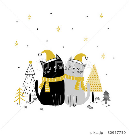 サンタ帽子をかぶった2匹の猫が寄り添うイラストのイラスト素材