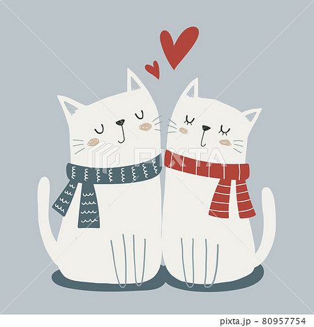 マフラーをつけた2匹の猫が寄り添うイラストのイラスト素材