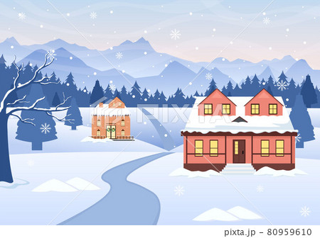 Winter Landscape With House Background, Panorama Snowfall, Town, Trees Or Mountain Silhouette. Christmas and Happy New Year Vector Illustration 80959610