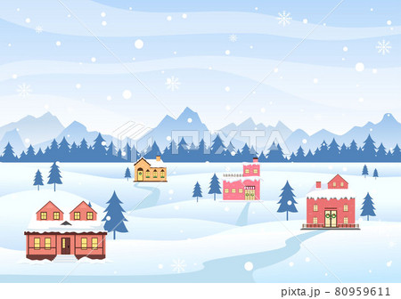Winter Landscape With House Background, Panorama Snowfall, Town, Trees Or Mountain Silhouette. Christmas and Happy New Year Vector Illustration 80959611