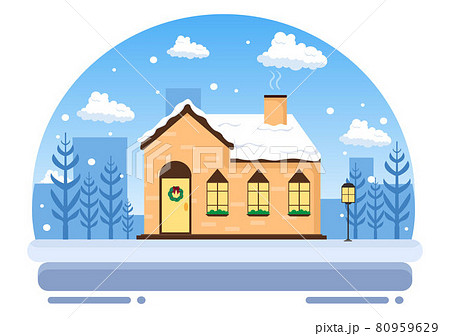 Winter Landscape With House Background, Panorama Snowfall, Town, Trees Or Mountain Silhouette. Christmas and Happy New Year Vector Illustration Winter Landscape With House Background, Panorama Snowfall, Town, Trees Or Mountain Silhouette. Christmas and Happy New Year Vector Illustration 80959629