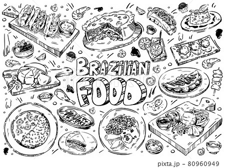 Hand drawn vector illustration. Doodle Brazilian food: barbecued meat, chocolate truffle, snacks, vinagrette salsa, rise, fish stew, chicken pie, caipirinha Hand drawn vector illustration. Doodle Brazilian food: barbecued meat, chocolate truffle, snacks, vinagrette salsa, rise, fish stew, chicken pie, caipirinha 80960949