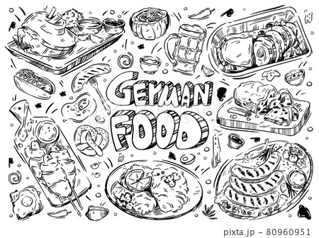 Hand drawn vector illustration. Doodle German food: wurst, kartoffelpuffer, brezel, schnitzel, strudel, beer, hot dog, knuckle, eintopf soup, egg, falscher hase, stollen Hand drawn vector illustration. Doodle German food: wurst, kartoffelpuffer, brezel, schnitzel, strudel, beer, hot dog, knuckle, eintopf soup, egg, falscher hase, stollen 80960951