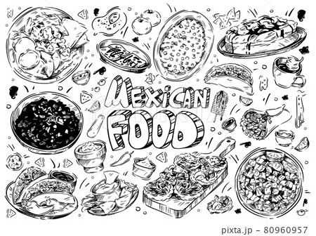 Hand drawn vector illustration. Doodle Mexican food: carnitas huevos rancheros, churros, instant pot black beans, classic tres leches cake, street corn, pico de gallo, taco, burrito, lime, salsa 80960957