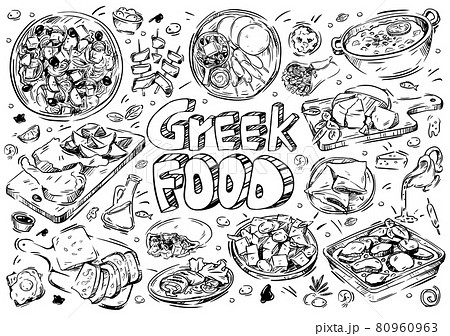 Hand drawn vector illustration. Doodle Greek food: olives and olive oil, moussaka, grilled meat, gyros, souvlaki, pastitsio, hummus Hand drawn vector illustration. Doodle Greek food: olives and olive oil, moussaka, grilled meat, gyros, souvlaki, pastitsio, hummus 80960963