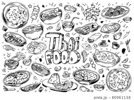Hand drawn vector illustration. Doodle Thai food: shrimp, tofu, seaweed, rice, Tom Yam Kung, seafood, sauces, exotic fruits, pancakes, spring rolls 80961138