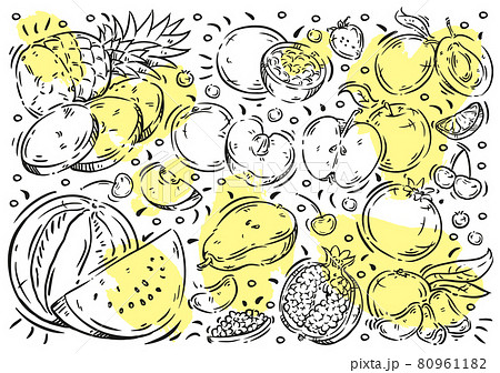 Hand drawn vector illustration food. Doodle line exotic fruits and berries: watermelon, pineapple, passion fruit, plum, strawberry, peach, apple, pear, cherry, blueberry, pomegranate, tangerine 80961182