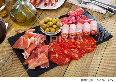 Assorted different types of spanish sausages Assorted different types of spanish sausages 80961375