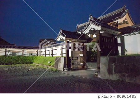 「黄昏の小田原城」　午後6時40分ごろ夜間照明の開始と共に白壁の天守閣、重厚な常盤門が浮かび上がった 80961485