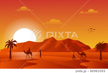 Sunset Arabic Desert Camel Caravan Muslim Islamic Culture Illustration 80962093
