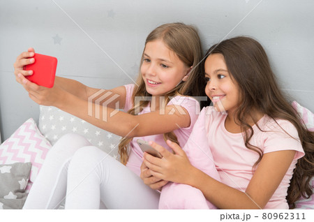 Smile with me. Happy children smile for selfie. Beauty  80962311