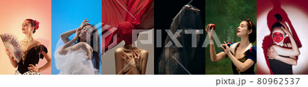 Collage of portraits of female ballet dancers dancing on studio background. Concept of art, theater, beauty and creativity Collage of portraits of female ballet dancers dancing on studio background. Concept of art, theater, beauty and creativity 80962537