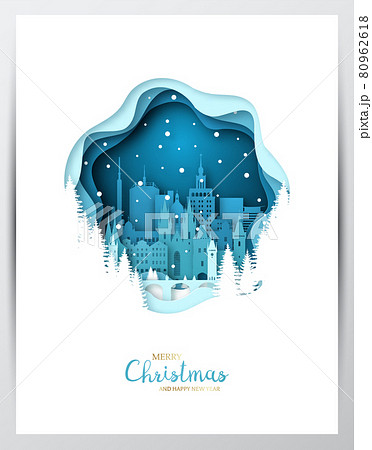 Snowy Prague city. Paper art greeting card. 80962618