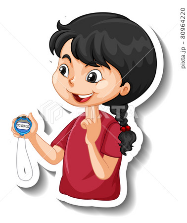 Cartoon character sticker with sport coach girl holding a timer 80964220