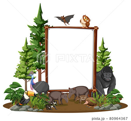 Empty banner with wild animals and rainforest trees on white background Empty banner with wild animals and rainforest trees on white background 80964367